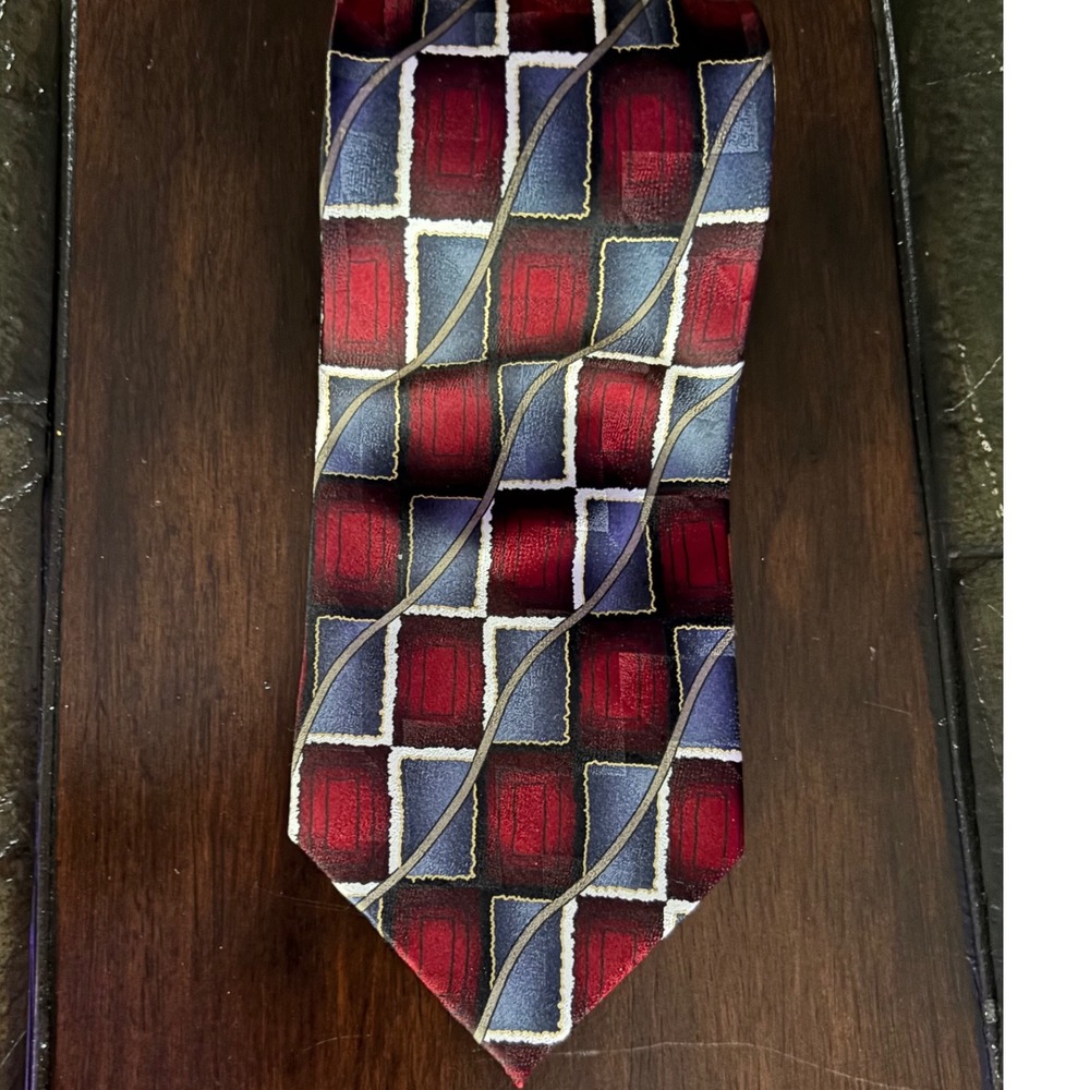 Fenzia Men's Necktie Red silver Geometric Silk Tie Business Casual Vintage 90s